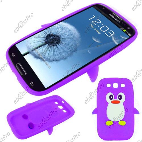 Ebeststar ® Coque Pingouin Silicone Souple Etui Housse Design Fun + Film Protection D'écran Pour Samsung Galaxy S3 I9300 I9305, Couleur Violet
