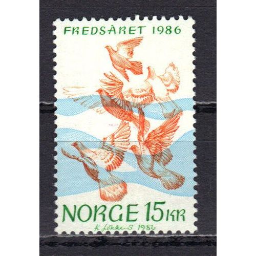Norvege 1986 : Année Internationale De La Paix : Oiseaux : Vol De Colombes - Timbre 15 K. Vert, Orange Et Bleu Neuf ** Cote 10 ¿