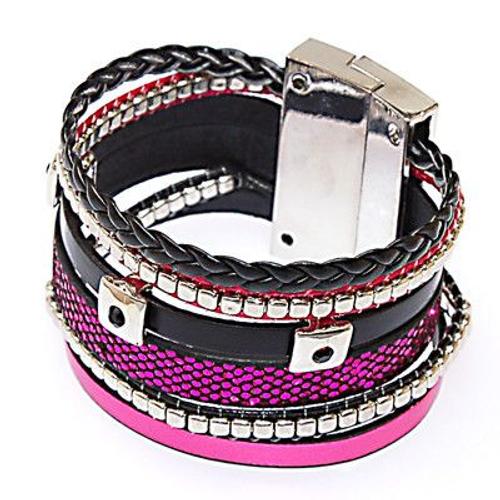 Bracelet Strass Wrap Manchette Cuir Magnétique Style Brésilien - Multirangs 6 Bandes - Rose Fushia / Noir / Argent