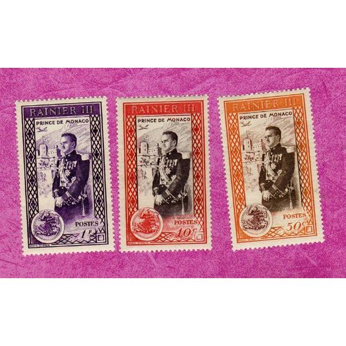 Lot De 3 Timbres Avènement Du Prince Rainier Iii Poste Aérienne 1950