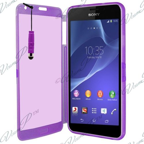 Sony Xperia M2 Aqua D2403 D2406: Coque Etui Housse Pochette Silicone Gel Portfeuille Livre Rabat+ Stylet- Violet