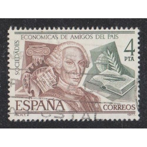 Timbre D'espagne N°2041 Y&t 4 P. Vert-Gris Et Brun-Rouge Bicentenaire De La Fondation Des Sociétés Économiques Et Culturelles "Les Amis Du Pays" Marquis De Penaflorida Fondateur