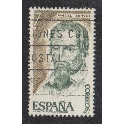 Timbre D'espagne N°2038 Y&t 7 P. Bistre-Olive Et Vert Foncé Personnalités Miguel Servet