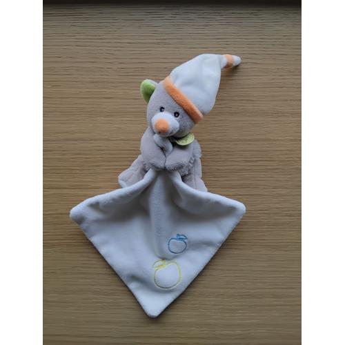 Doudou Mouchoir Ours Oscar Baby Nat' Pommes Gris Blanc Orange Vert Bleu