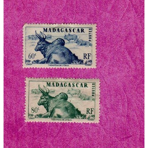 Lot De 2 Timbres Madagascar Troupeau De Zébus 1946