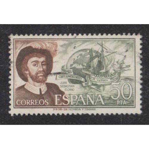 Timbre D'espagne N°1956 Y&t 50 P. Brun-Orange Et Olive Navigateurs Juan Sebastian El Cano