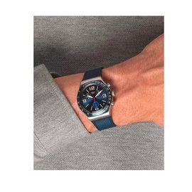 Montre Swatch Irony Blue Grid Yvs454 Sport Chronographe Acier Étanche Eau Résistance 30m Indicateur De Date Analogique Lunette Tachymètre Cadran Case Diameter 43mm Bracelet Bleu Caoutchouc Gomme Mixte