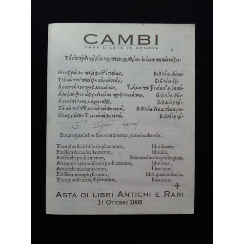 Catalogue Vente Cambi Casa D'aste In Genova :  Asta Di Libri Antichi E Rari - Genova  21 Ottobre 2008 - Antonio Concioli, Celestino Massucco, Giacomo Conti, Giovanni Boccaccio, Angelo Paganini, Etc.