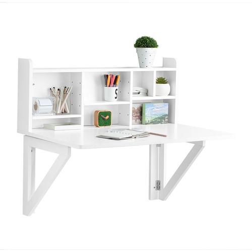 Sobuy Bureau Pliable Mural Avec Étagère De Rangement,Table D'ordinateur Suspendue, Bureau Mural Rabattable, Bureau D'ordinateur Portable Mural Fwt07-Ii-W