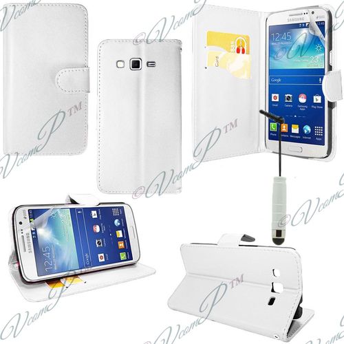 Samsung Galaxy Core Plus G3500/ Trend 3 G3502: Etui Portefeuille Livre Housse Coque Pochette Support Vidéo Cuir Pu+ Stylet- Blanc