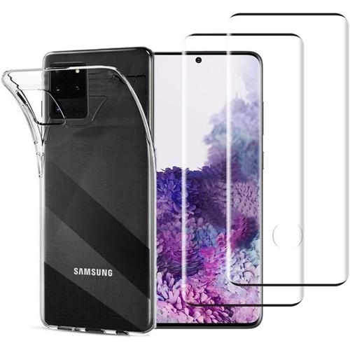 Hqselection® Coque Pour Samsung Galaxy S20 Ultra Transparente Silicone En Gel Tpu Souple + 2 Verre Trempé Incurvé Couverture Complète Bord Noir- Anti Rayures - Ultra Résistant Dureté 9h