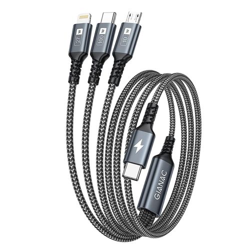 100w Cble Usb C Vers Cble Multi Usb [1.2m] 3 En1 Usb Cble Avec Puce E-Mark Charge Rapide Chargeur Usb Avec Micro Usb Type C Lightning Connecteur Pour Samsung;Macbook Pro/Air;Ipad Pro;Iphone;Huawei