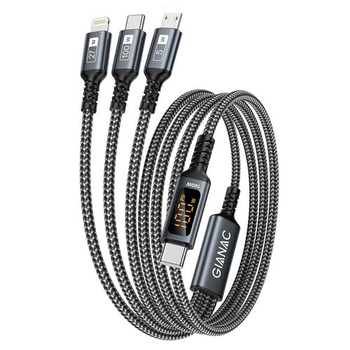 100w Cble Usb C Vers Cble Multi Usb [1.2m] 3 En1 Usb Cble Vec cran Led Charge Rapide Chargeur Usb Avec Micro Usb Type C Lightning Connecteur Pour Samsung;Macbook Pro/Air;Ipad Pro;Iphone;Huawei
