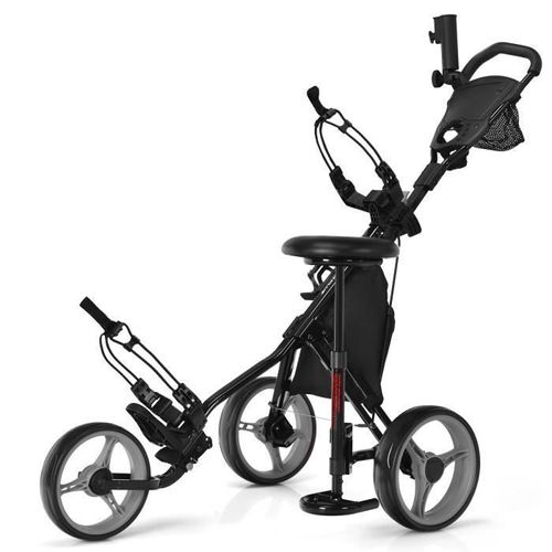 Costway Chariot De Golf Pliable 3 Roues-4 Hauteurs Réglables-Siège Hydraulique-Porte-Parapluie Réglable-Porte-Boisson-Sac-Gris