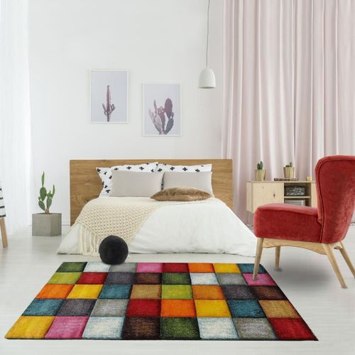 Tapis Salle À Manger 200x290 Tissé Rouge Et Jaune Rectangle Motif Damier Lyn8 Belo 31