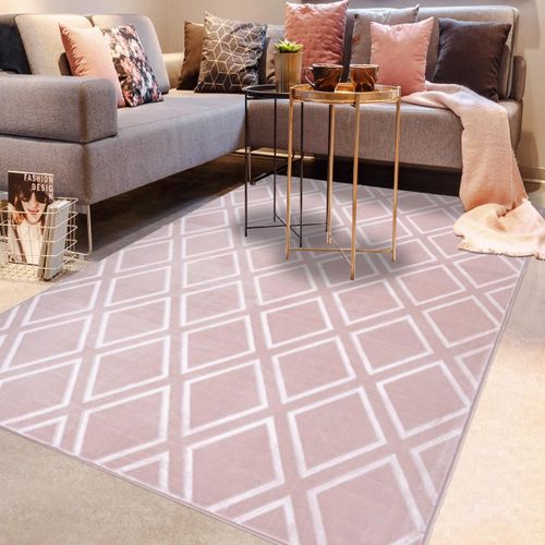 Tapis Couloir 80x300 Tufté Rose Rectangle Motif Géométrique Nokal 1