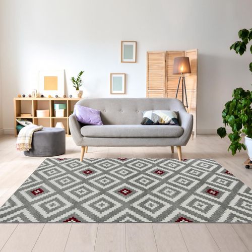 Tapis Entrée 50x80 Tissé Rouge Et Gris Rectangle Motif Géométrique Efelon 1