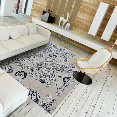 Tapis Kilim 155x230 Rectangle Fait À La Main En Coton Gris Et Bleu