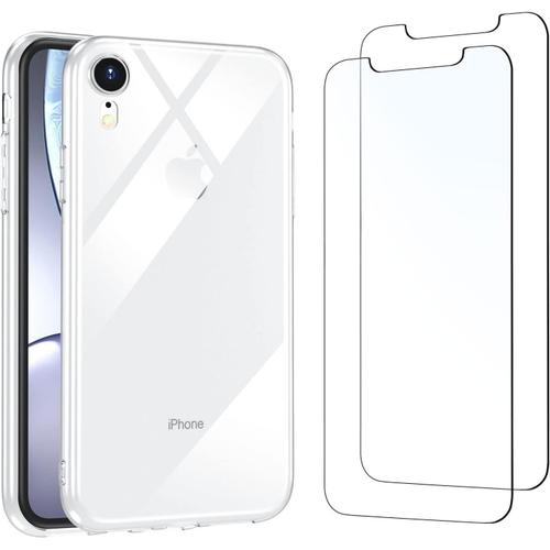 Hqselection® Coque Pour Apple Iphone Xr Transparente Silicone En Gel Tpu Souple + 2 Verre Trempé Film Protection Écran - Anti Rayures - Ultra Résistant Dureté 9h