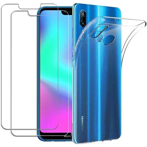 Hqselection® Coque Pour Huawei P20 Lite Transparente Silicone En Gel Tpu Souple + 2 Verre Trempé Film Protection Écran - Anti Rayures - Ultra Résistant Dureté 9h