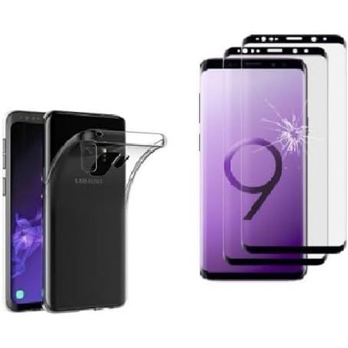 Hqselection® Coque Pour Samsung Galaxy S9 Plus Transparente Silicone En Gel Tpu Souple + 2 Verre Trempé Incurvé Couverture Complète Bord Noir- Anti Rayures - Ultra Résistant Dureté 9h
