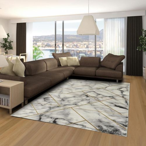 Tapis Salle À Manger 200x290 Tissé Gris Et Or Rectangle Motif Abstrait Marbli