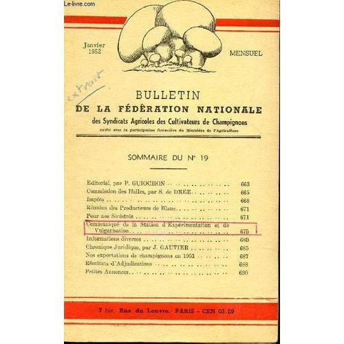 Bulletin De La Federation Nationale - N°19 - Jav 1952 / Commission Des Halles Par S. De Dree / Impots / Reunion Des Producteurs De Blanc /  Etc...