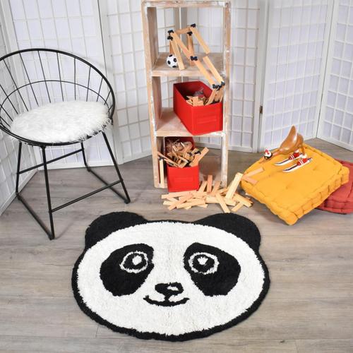 Tapis Enfant Fait Main Bio Panda Blanc 80x80 Rond Lavable 30° En Coton Care&fair