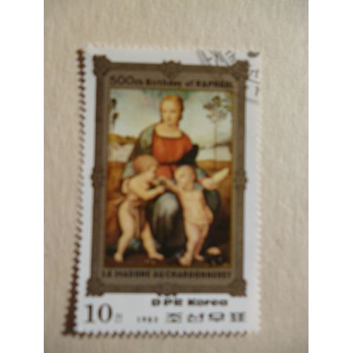 Timbre "Dprk Corée 1983:500 Ans Raphaël :La Madone Au Chardonneret".
