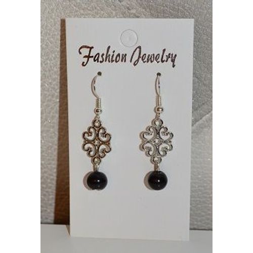 Boucles D'oreilles Fantaisies Neuves Originales Style Baroque En Métal Et Perle Noire