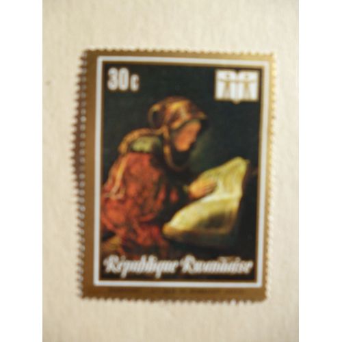 Timbre "République Rwandaise : Rembrandt :Sa Mère Lisant".