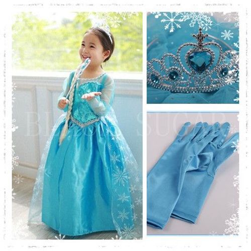 Panoplie Complète Princesse Ensemble Lot Pack Costume Déguisement Enfant Elsa Reine Des Neiges Robe Bleue Gants Couronne Diadème Tiare Paillettes Strass Flocons Anniversaire Spectacle Fête Cosplay 