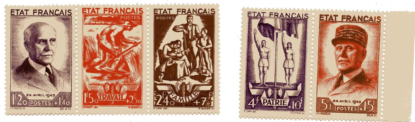 Bande De 5 Timbres Au Profit Du Secours National (Travail, Famille, Patrie)  Et Pétain N° 576/580 Neuf ++