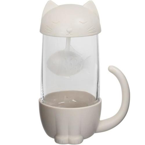 Wahou 39-2k-020 Tasse Chat Avec Couvercle Et Infuseur Poisson Blanc Et Transparent Verre Et Polypropylène D10,2 X H15,5 Cm