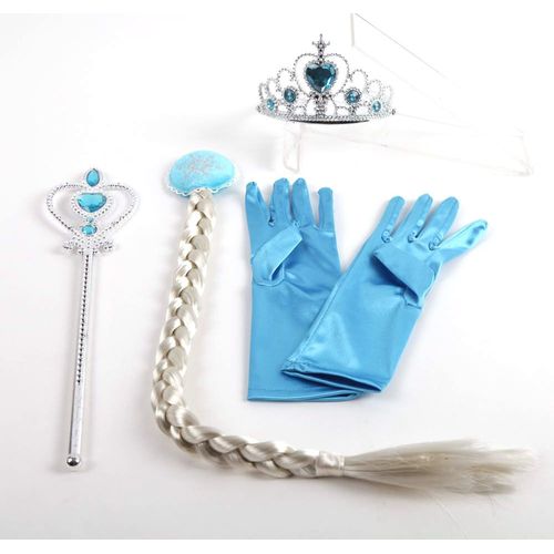 Lot De 4 Accessoires Elsa : Gants Bleu + Diadème Elsa + Baguette + Natte Pour Déguisement Elsa Costume La Reine Des Neiges Cosplay Look Princess Kawaii Envoie Immédiate Bonne Qualité