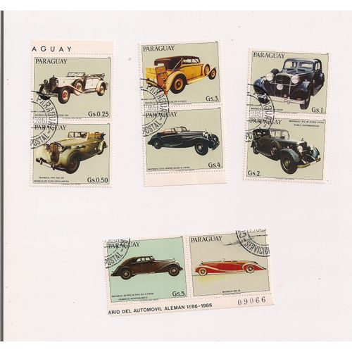 Paraguay- Série De 8 Timbres Oblitérés En Blocs De Deux- Automobiles Anciennes