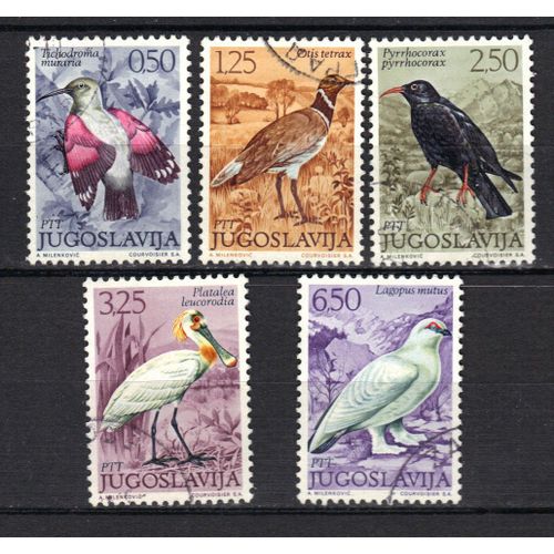 Yougoslavie 1972 : Oiseaux : Tichodrome / Outarde / Crave À Bec Rouge / Spatule Blanche / Lagopède Alpin - Série De 5 Timbres Oblitérés