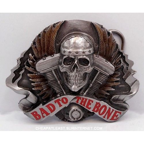 Boucle De Ceinture (Ceinturon) Biker: "Bad To The Bone" Tête De Mort / Skull + V-Twin Harley + Ailes - Usa Style: Sons Of Anarchy / West Coast Choppers