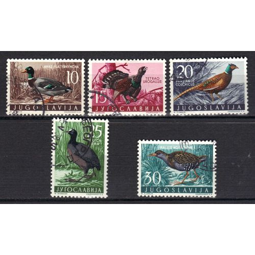 Yougoslavie 1958 : Oiseaux : Colvert / Coq De Bruyère / Faisan / Foulque / Râle - Série De 5 Timbres Oblitérés
