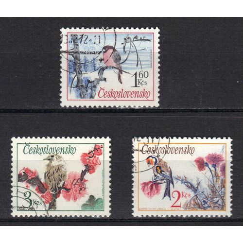 Tchecoslovaquie 1972 : Oiseaux Chanteurs : Bouvreuil / Chardonneret / Grive - Série De 3 Timbres Oblitérés
