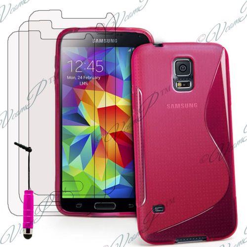 Samsung Galaxy S5 Mini G800f G800h / Duos: Lot Coque Etui Housse Pochette Accessoires Silicone Gel + 3 Films Transparent + 1 Mini Stylet - Rose