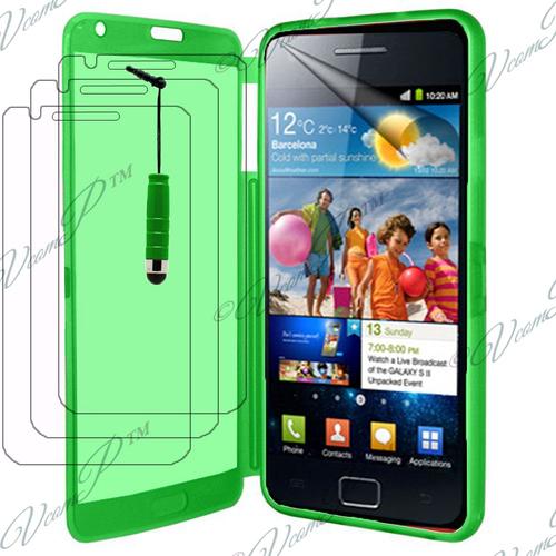 Samsung Galaxy S2 I9100/ I9105g/ Plus: Lot Coque Etui Housse Pochette Silicone Gel Portfeuille Livre Rabat + 3 Films Transparent + 1 Mini Stylet - Vert