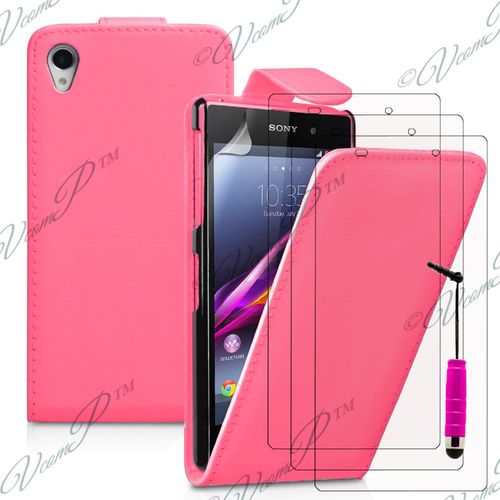 Sony Xperia Z2 D6502 D6503 D6543: Lot Coque Etui Housse Pochette Accessoires Simili Cuir + 3 Films Transparent + 1 Mini Stylet - Rose