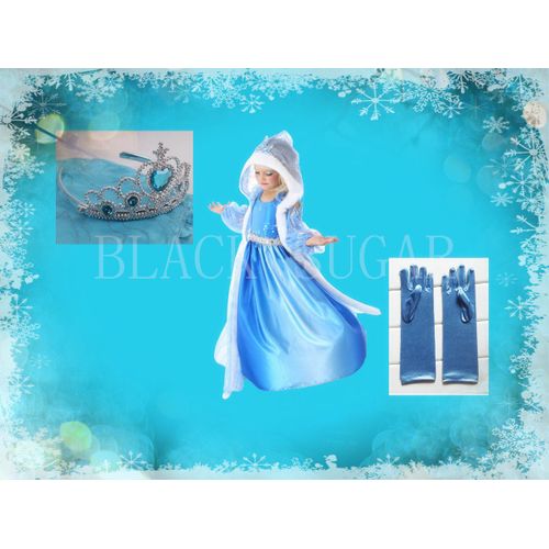 Costume Panoplie Princesse Reine Des Neiges Robe Gilet Longue Fourrure Au Bord + Diadème + Gants Bleu Look Princesse Des Neiges Déguisement Réussit Bonheur Total Bonne Qualité