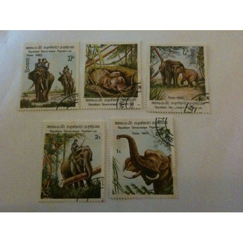 Lot De 5 Timbres Éléphants Laos 1982