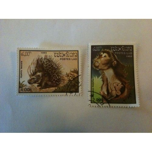 Lot De 2 Timbres Faune Sauvage Laos 1985
