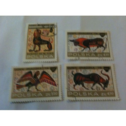 Lot De 4 Timbres Animaux Mythologiques Pologne 1976