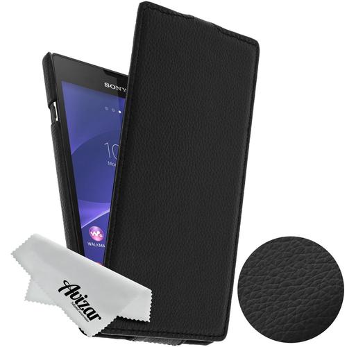 Etui Sony Xperia T3 Housse En Cuir Avec Clapet Rabattable - Noir + Chiffonnette Avizar