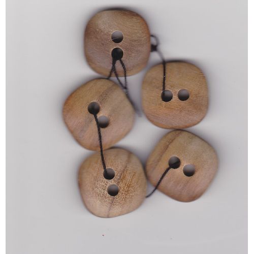 5 Boutons Plats Carrés En Bois, 2 Trous