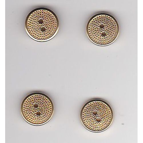 4 Boutons Ronds, Plats, Dorés, Piqurtés,  2 Trous, Diamètre 1,4cm